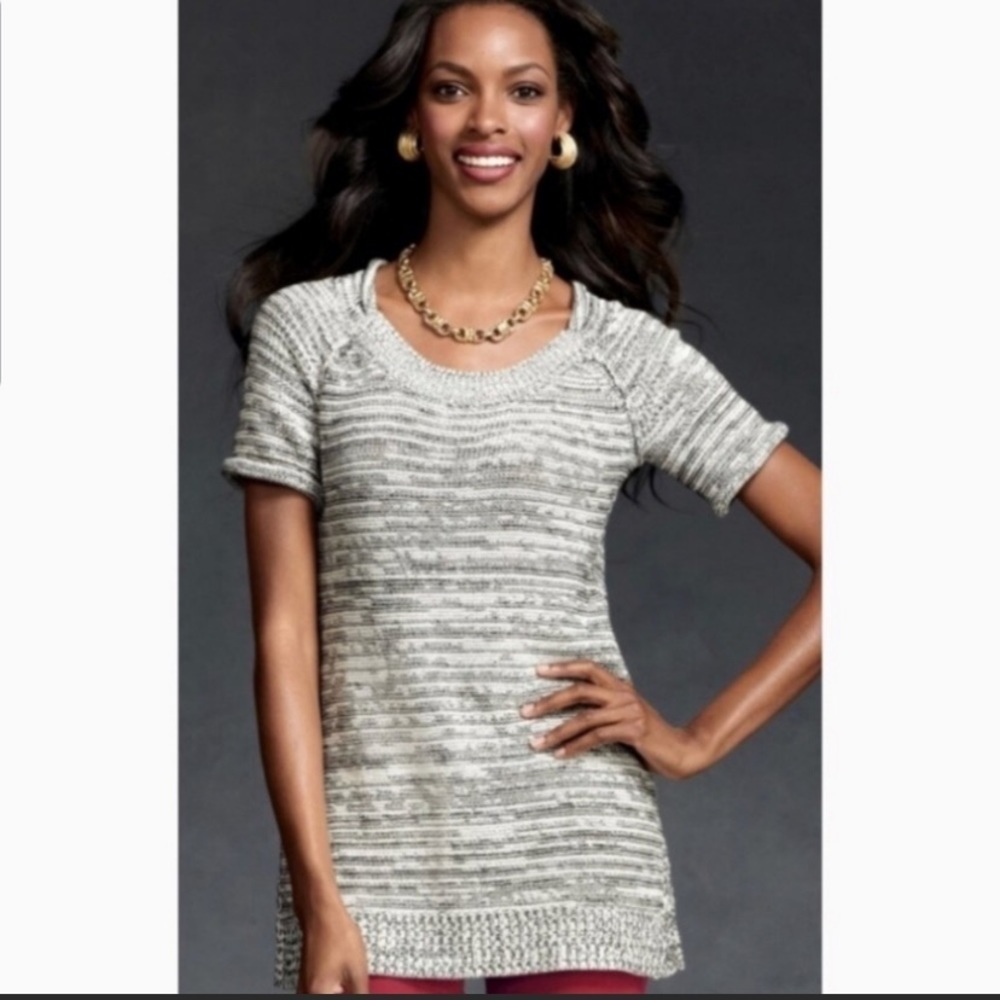 “CABI” Marled Roll Tab Short Sleeve Sweater